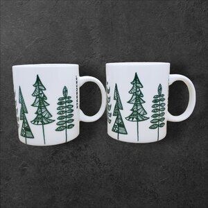 2 Starbucks 2015 Christmas Mugs Pine Trees White Green Holiday 12oz Coffee Cups
